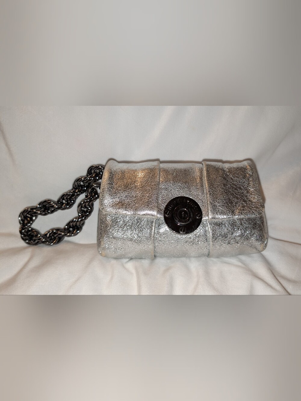 Henri Bendel Chain Party Metallic Leather Clutch Wristlet Silver Gunmetal GUC